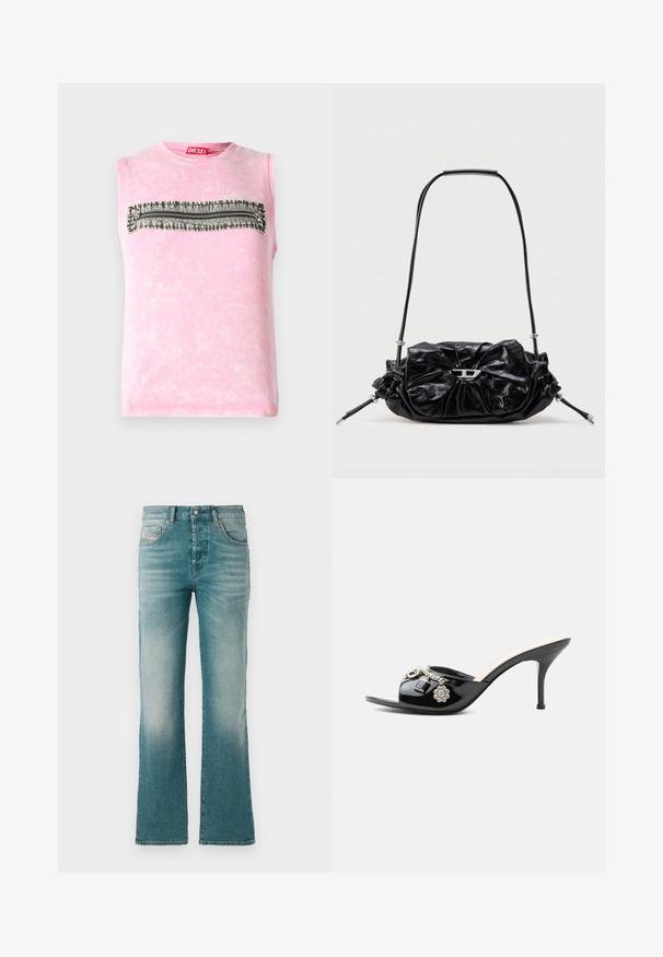 Subløs pink bomulds t-shirt med en vandret sort-hvid mønsterstripe hen over brystet. Rund halsudskæring, blød tekstur.; Lysblå denim jeans med en flagrende ben design, der har forlommer og en falmet vask for et slidt udseende.; Sort laklæder højt hælet mule med åben tå og dekorative sølvcharme inklusive en blomst og hængelås på frontstroppen.; Sort læderhåndtaske med et opsamlet design og sløjfedetalje foran. Har en kort hank og sølvfarvede hardware-accenter.