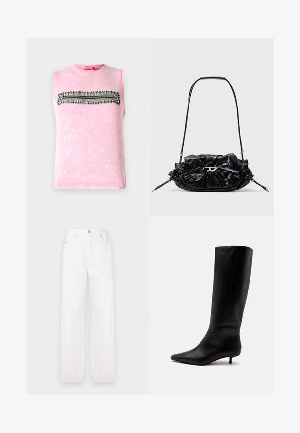 T-shirt sans manches en coton rose avec une rayure horizontale noire et blanche à travers la poitrine. Encolure ronde, texture douce.; Pantalons en coton blancs à jambes larges avec un design classique à cinq poches et une fermeture à bouton en métal, comprenant des détails de couture subtils.; Botte noire en cuir jusqu'au genou avec bout pointu et petit talon kitten sur un fond clair uni.; Sac à main en cuir noir avec un design froncé et un détail en forme de nœud sur le devant. Dispose d'une poignée courte et d'accents de quincaillerie argentée.