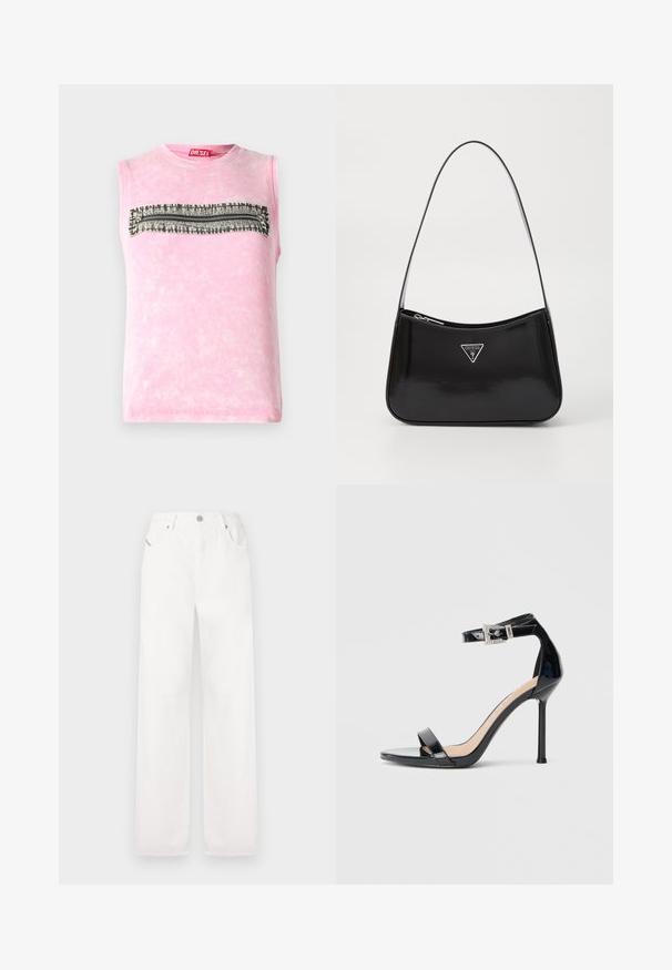 Mouwloze roze katoenen t-shirt met een horizontale zwart-witte gestreepte band over de borst. Ronde halslijn, zachte textuur.; Witte katoenen wijde broek met een klassiek vijf-pocketontwerp en een metalen knoopsluiting, met subtiele stikdetails.; Zwarte sandalen met hoge hak van lakleer en een enkelriempje. Heeft een minimalistisch ontwerp, open teen en een gesp met strass-steentjes.; Zwarte lakleren schoudertas met een gebogen vorm, voorzien van een zilveren driehoeklogo en een ritssluiting. Gladde textuur en slanke schouderband.
