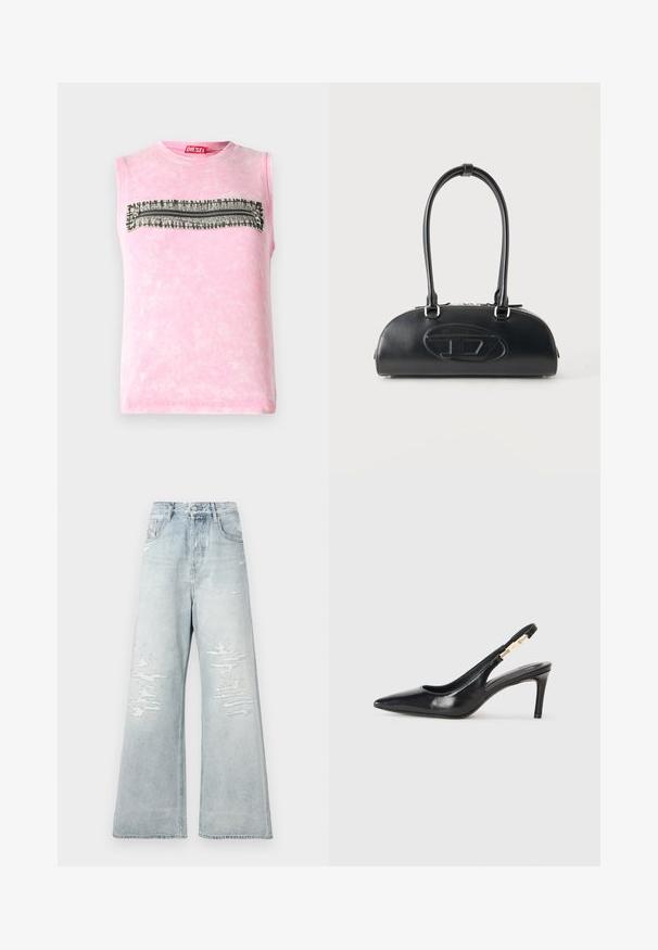 Subløs pink bomulds t-shirt med en vandret sort-hvid mønsterstripe hen over brystet. Rund halsudskæring, blød tekstur.; Lys blå, højtaljede bukser med vide ben og slidte lapper på forreste lår i femlomme-stil mod en ensfarvet hvid baggrund.; Sort læder slingback højhælede sko med spidse tæer, glat overflade og en smal ankelrem med guldfarvede hardware detaljer.; Sort læderhåndtaske med lange dobbelte håndtag og præget ovalt logo foran, vist mod en ensartet lys baggrund.