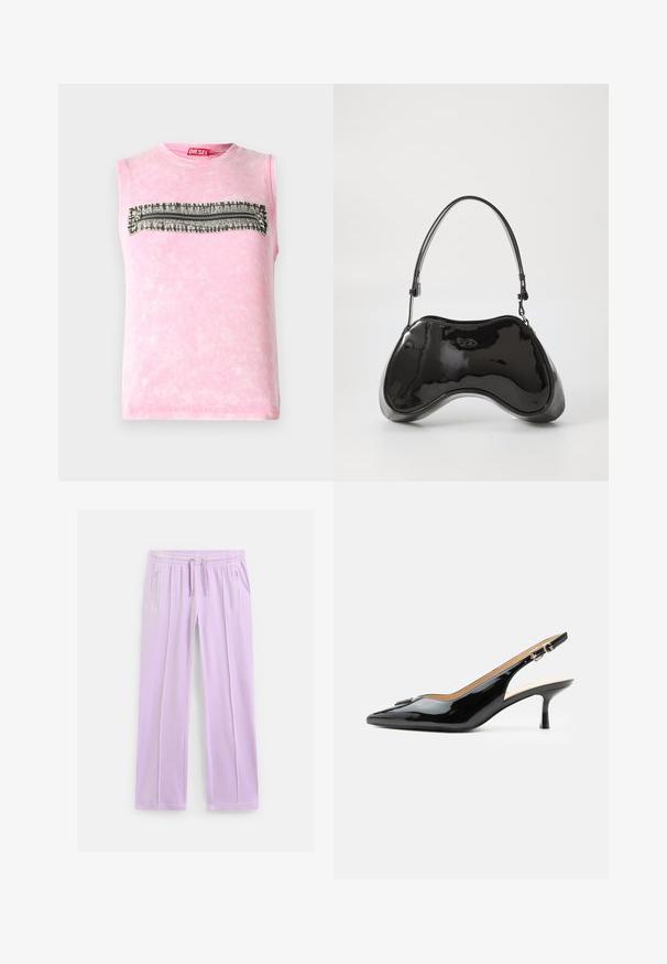 Subløs pink bomulds t-shirt med en vandret sort-hvid mønsterstripe hen over brystet. Rund halsudskæring, blød tekstur.; Lyse lilla sweatpants med lige ben, elastisk talje, justerbare snore og lynlåslommer i siderne.; Sort patentlæder slingback hæl med spids tå, lille kitten hæl og sølvspænde på en ensartet hvid baggrund.; Sort patentlæder håndtaske med en unik buet form, kort justerbar hank og en lynlåslukning i toppen. Glat tekstur med diskret branding.