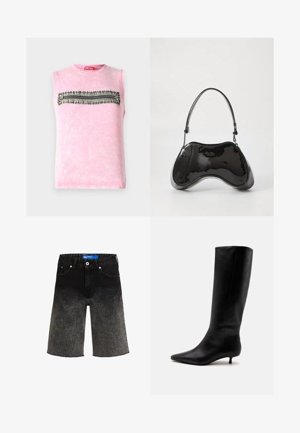 Camiseta sin mangas de algodón rosa con una franja horizontal de patrón en blanco y negro en el pecho. Cuello redondeado, textura suave.; Shorts de mezclilla negra con un desvanecimiento de oscuro a claro. Con un dobladillo deshilachado, dos bolsillos frontales y una etiqueta de marca azul en la cinturilla.; Bota alta de cuero negro hasta la rodilla con puntera puntiaguda y tacón bajo tipo kitten sobre un fondo claro y liso.; Bolso de mano de piel sintética negra con un diseño curvado único, asas cortas y ajustables, y abertura con cremallera en la parte superior. Textura suave con una sutil marca.