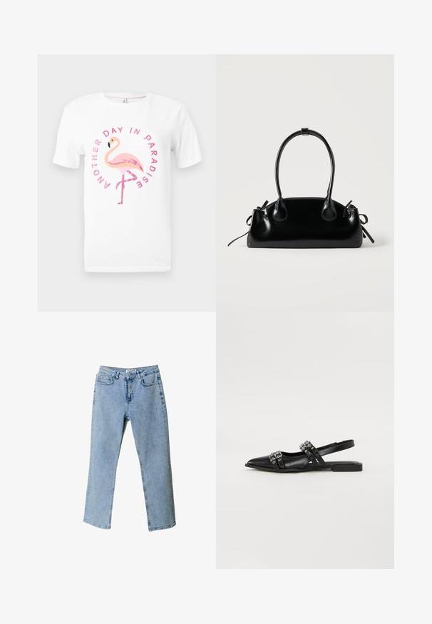 Wit T-shirt met een roze flamingo-afbeelding en glinsterende tekst "Another day in paradise" die rond de vogel gebogen is.; Lichtblauwe denim jeans met een rechte pijpdesign, vijf zakkenstijl en een taillebandlabel. Heeft vervaagde gebieden voor textuur.; Even&Odd Slingback ballerina´s - black; Kleine zwarte glanzende handtas met twee lange hengsels en zijkant trekkoord details op een effen lichte achtergrond.