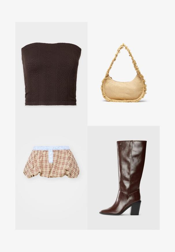 Top tubo sin tirantes marrón oscuro con patrones tejidos texturizados de flores y formas geométricas en rayas verticales.; Pantalones cortos abullonados a cuadros en marrón, beige y rojo, con una cinturilla de rayas azul claro y detalles de botones en la parte delantera.; Bota alta de cuero marrón oscuro con punta afilada y tacón bloque apilado, mostrada de lado sobre un fondo liso.; Bolso beige texturizado con forma redondeada, con un borde deshilachado a lo largo de los lados y una correa corta para llevar. Apertura con cremallera en la parte superior.