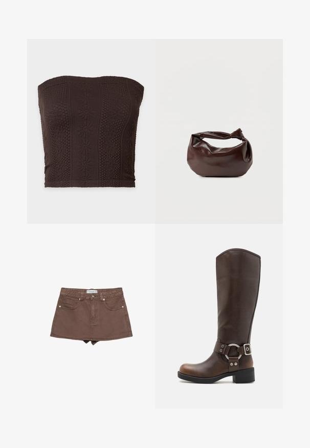 Haut tube marron foncé sans bretelles avec des motifs tricotés floraux et géométriques texturés en rayures verticales.; Jupe en denim marron mini avec une taille ajustée, un design à cinq poches, une fermeture à bouton à l'avant et une longueur juste au-dessus de la cuisse.; Botte en cuir marron hauteur genou avec un accent en métal rond et une boucle. Tige légèrement texturée, talon empilé et design à bout rond.; Sac bandoulière en cuir marron foncé avec une forme souple et décontractée et une anse nouée torsadée sur un fond blanc uni.