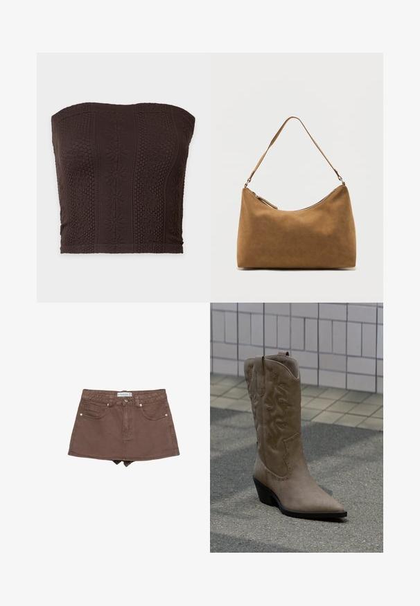 Haut tube marron foncé sans bretelles avec des motifs tricotés floraux et géométriques texturés en rayures verticales.; Jupe en denim marron mini avec une taille ajustée, un design à cinq poches, une fermeture à bouton à l'avant et une longueur juste au-dessus de la cuisse.; Botte de cowboy haute en daim beige avec coutures décoratives et clous, dotée d'un bout pointu et d'un talon noir incliné sur le trottoir.; Sac à bandoulière en daim marron avec une seule sangle et une fermeture éclair supérieure, présenté sur un fond blanc uni.