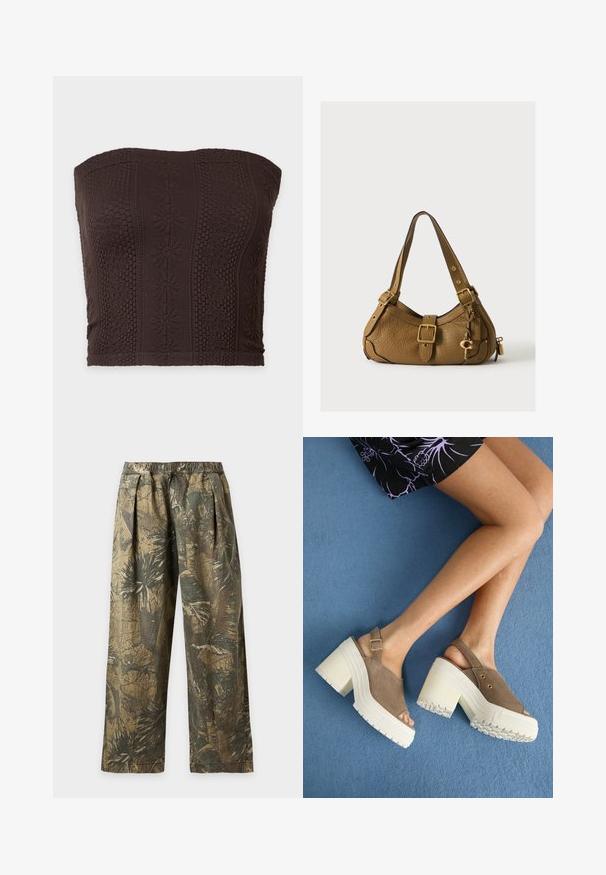 Dunkelbraunes trägerloses Tube-Top mit strukturierten floralen und geometrischen Strickmustern in vertikalen Streifen.; Locker sitzende Hose mit elastischem Bund, mit grün-braunem tropischem Camouflage-Print mit Blättern.; Braune Wildleder-Plateausandalen mit klobigen weißen Absätzen, ausgestattet mit einem verstellbaren Knöchelriemen und goldenen Akzenten. Strukturierte Gummisohle für guten Halt.; Braune, strukturierte Lederhandtasche mit verstellbarem Schnallenriemen, Schnallendetail vorne und kleinem goldenen Schlüsselanhänger an der Seite.