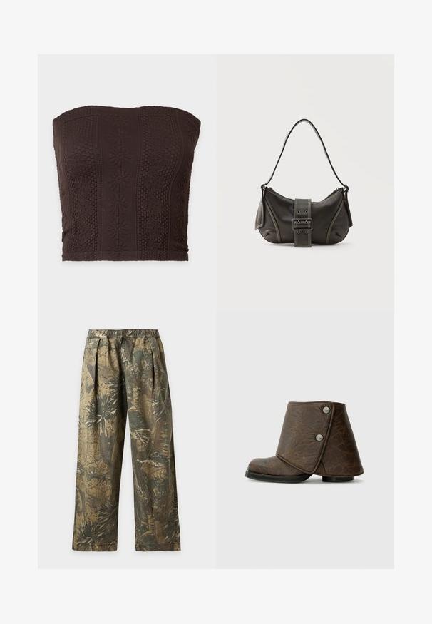 Donkerbruin strapless tube top met getextureerde bloem- en geometrische breipatronen in verticale strepen.; Loszittende broek met elastische taille, voorzien van een camouflageprint met groene en bruine tropische bladeren.; Bruine leren enkellaars met een omslagontwerp, zilveren hardware-accenten, een ronde neus en een gestructureerde afwerking. Lage, platte zwarte zool.; Zwarte leren schoudertas met gespsluiting aan de riem, afgeronde hoeken en contrasterende witte stiksels op een effen achtergrond.