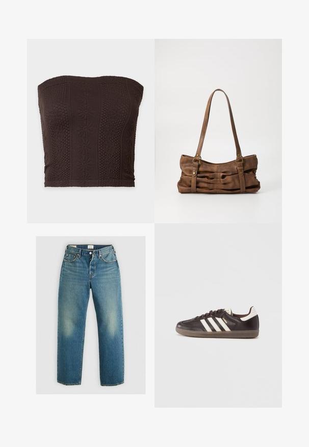 Tummanruskea olkaimeton putkimainen toppi, jossa teksturoidut kukka- ja geometriset neulekuviot pystysuorissa raitoja.; Levi's® 501® '90S ANKLE - Straight leg -farkut - blank slate; Tummanruskeat nahkakengät, joissa valkoinen kolmiraidallinen kuvio, kumipohja ja sivussa kullanvärisellä kirjaimilla teksti "Samba". Klassinen matala malli.; Even&Odd Käsilaukku - brown