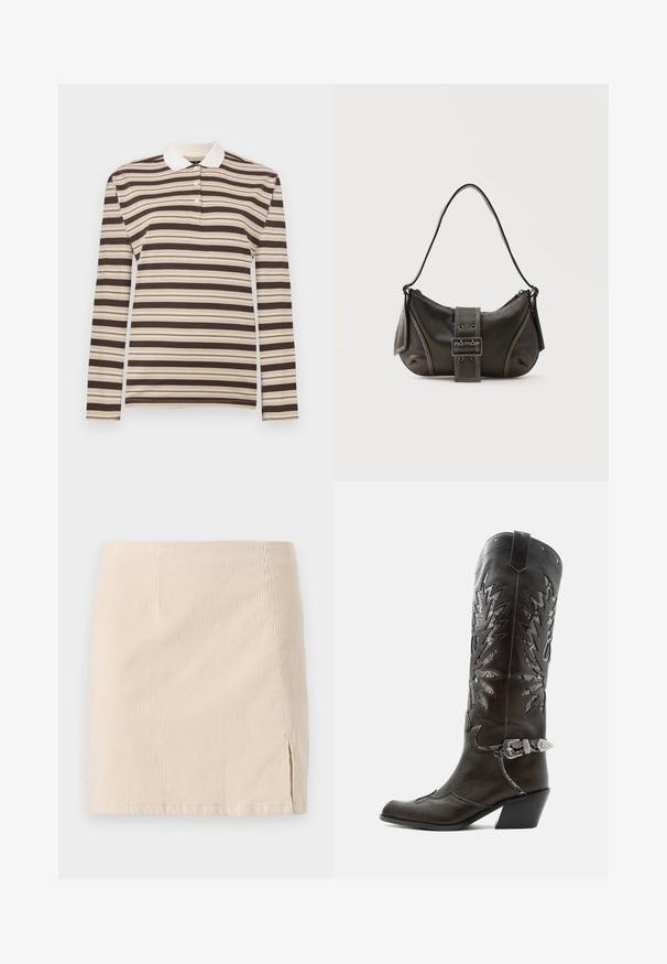 Langærmet polo-shirt i brune og beige striber, med krave og tre-knap lukning; lavet af blødt stof.; Beige corduroy miniskirt med lodret ribbet tekstur, med en sideslids for ekstra detaljer. Kantene er lige og ensartet syet.; Sort læder cowboystøvle med dekorative udskæringer, sølvspænde og skrå hæl, vist på hvid baggrund.; Sort læder skuldertaske med spænde på remmen, afrundede kanter og kontrasterende hvide syninger på en ensfarvet baggrund.