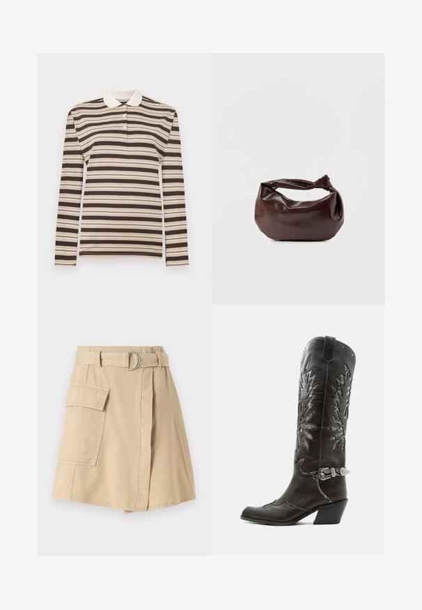 Polo à manches longues rayé marron et beige, avec un col traditionnel et une patte de boutonnage à trois boutons ; fabriqué en tissu doux.; Jupe en coton beige avec une poche latérale, taille ceinturée avec un anneau argenté, et une légère silhouette en A. Texture lisse et design simple.; Botte de cowboy en cuir noir avec découpes décoratives, boucle argentée et talon incliné, présentée sur fond blanc.; Sac bandoulière en cuir marron foncé avec une forme souple et décontractée et une anse nouée torsadée sur un fond blanc uni.