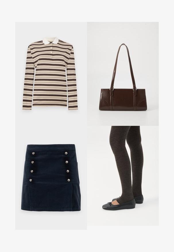 Langærmet polo-shirt i brune og beige striber, med krave og tre-knap lukning; lavet af blødt stof.; Marineblå corduroy nederdel med lige pasform, fem metalliske knapper foran og to sidelommer for funktionalitet.; Ben iført mørke ribbede leggings kombineret med sorte balletsko med små sløjfedetaljer på hvid baggrund.; Brun lakeret håndtaske med rektangulær form, to lange håndtag og subtile buede detaljer på fronten.