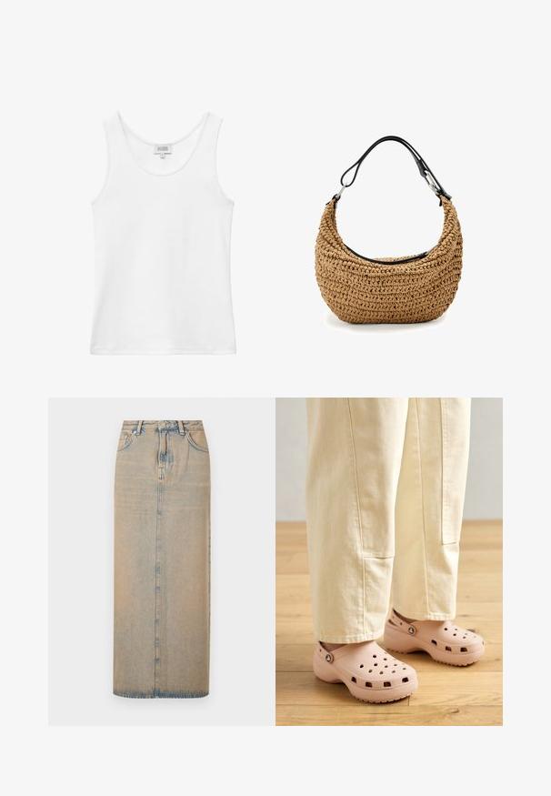 Wit geribbeld mouwloos tanktopje met ronde halslijn en merklabel aan de achterkant binnenin de kraag.; Een lange denimrok in lichtblauw met een rechte snit. Heeft vijf zakken, riemlussen en een sluiting met knopen aan de voorkant. Vervaagde textuur overal.; Lichtroze klompen van rubber, met ventilatiegaten, een gevormde pasvorm en een geprofileerde zool voor grip. Draagt in combinatie met lichtbeige broek.; Gevlochten strohandtas in beige met een gebogen silhouet, voorzien van een zwarte leren band en zilverkleurige metalen accenten. Gestructureerde afwerking.
