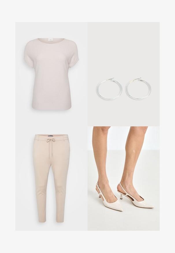 Lys beige ribbet t-shirt med korte ærmer, der har en rund halsudskæring og en afslappet pasform, lavet af blødt, struktureret stof.; Beige letvægts joggerbukser med snoretræk i taljen og to sidelommer. Glat tekstur, tapered ben og minimalt sømadetail.; Beige patenterede læder slingback hæle med spids tå og 5 cm hæl, med udskårne sider og en tynd ankelrem.; Par skinnende sølvøreringe med tynde trådlåse, vist på en lys grå baggrund.