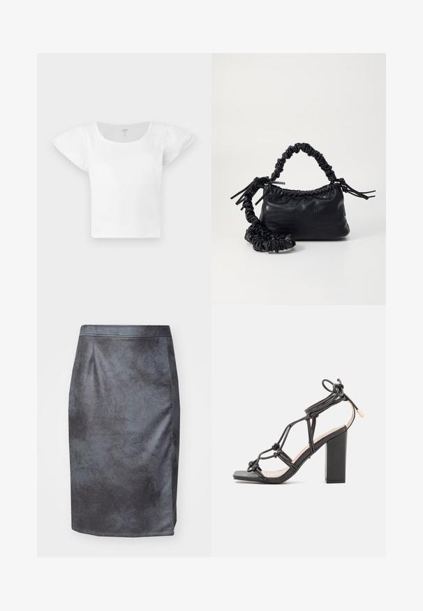 Weißes kurzärmliges Crop-Top mit gepufften Schultern und rundem Halsausschnitt, aus Rippstoff, von GAP in Größe M.; Grauer Kunstleder-Bleistiftrock mit glatter Textur, hoher Taille und Schlitzdetail auf der linken Seite. Keine sichtbaren Verschlüsse oder Muster.; DeeZee High Heel Sandalette - black; Schwarze Handtasche aus Kunstleder mit Krokodilstruktur, gerafftem oberen Teil und einem geschoppten Tragegurt. Sie wirkt weich und kompakt im Design.