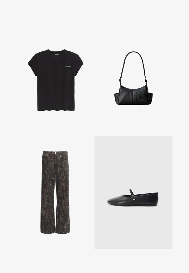 Μαύρο κοντομάνικο t-shirt Calvin Klein με στρογγυλή λαιμόκοψη και λογότυπο "Calvin Klein" σε μικρό λευκό κείμενο στο αριστερό στήθος.; Μαύρα τζιν σε φαρδιά γραμμή με σχέδιο λεοπάρ, από τζιν ύφασμα, με ακατέργαστο στρίφωμα και μεταλλικά κουμπιά σε ασημί απόχρωση. Δύο μπροστινές τσέπες.; Μαύρες δερμάτινες μπαλαρίνες με μυτερή μύτη, επίπεδο πάτο και μικρή λωρίδα με λεπτομέρεια ασημένιας αγκράφας.; Μαύρη δερμάτινη τσάντα ώμου με μακρύ λουράκι, πλαϊνές θήκες και ανάγλυφο λογότυπο Calvin Klein στο μπροστινό μέρος.