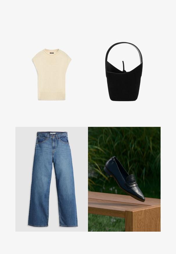 Pull sans manches tricoté couleur crème avec ourlet côtelé et encolure ronde, posé à plat sur un fond blanc.; Jean large en denim bleu à taille haute, doté de cinq poches, de coutures contrastantes et d'une fermeture éclair.; Mocassin en cuir noir avec un bout pointu et un détail de bride cousue, présenté au-dessus d’un banc en bois avec de l’herbe et des plantes en arrière-plan.; Mango Sac à main - black