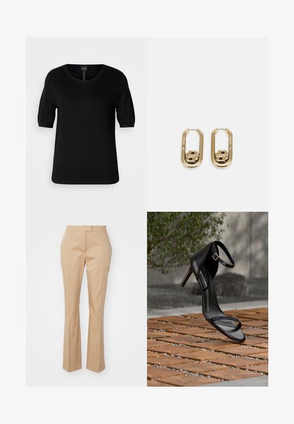 Haut en tricot noir à manches courtes avec un col rond, un ourlet côtelé et une texture subtile, arborant une étiquette logo au centre à l'arrière.; Pantalons beiges ajustés avec une coupe droite, fabriqués en tissu lisse, présentant un devant plat et sans poches visibles.; Sandale noire à talon haut avec sangle à la cheville, suspendue au-dessus d'un sol en carreaux de bois à l'extérieur, avec un arrière-plan flou de verdure et de pierre.; BOSS DOUBLE B SWING - Boucles d'oreilles - gold-coloured