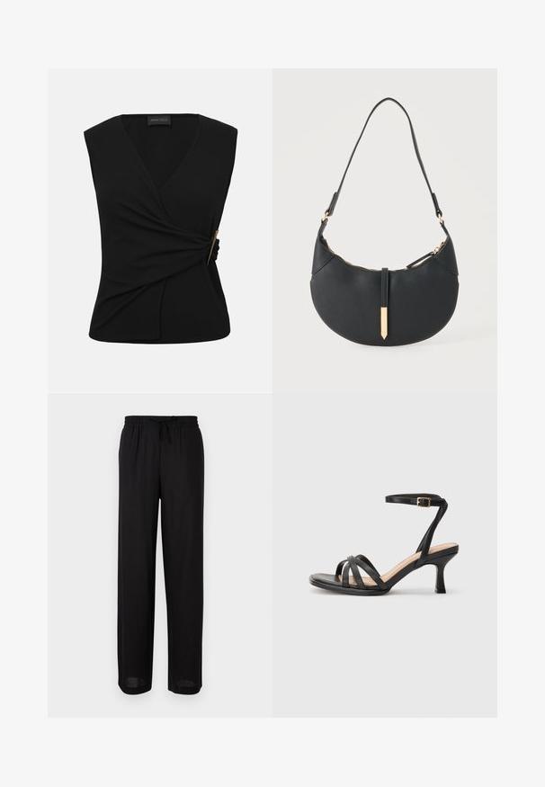 Haut cache-cœur sans manches noir avec col en V et détail boucle dorée sur le côté, présentant un tissu délicatement drapé.; Pantalon noir ample avec taille élastique et cordon de serrage, coupe droite, adapté pour une tenue décontractée.; Sandales à talons noirs avec plusieurs fines lanières sur le bout, une seule lanière à la cheville avec une boucle dorée, et un bout carré.; Sac à main noir en forme de croissant avec une bandoulière unique, une fermeture éclair dorée et une languette décorative rectangulaire dorée à l'avant.