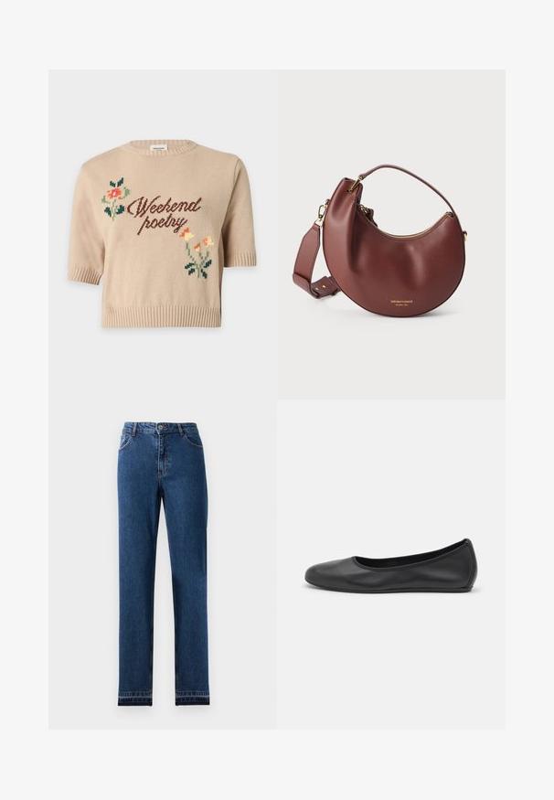 Beige strik kortærmet sweater med teksten "Weekend poetry" og små farverige blomsterdesigns foran.; Blå denim jeans med lige ben-design, fem lommer og en knap-lukning. Har kontrast søm og en let falmning.; Sort læderballetsko med rund tå, glat tekstur, minimal syning og et fleksibelt såldesign.; Brun læder håndtaske i halvmåneform med gylden lynlås og justerbar skulderrem på hvid baggrund.