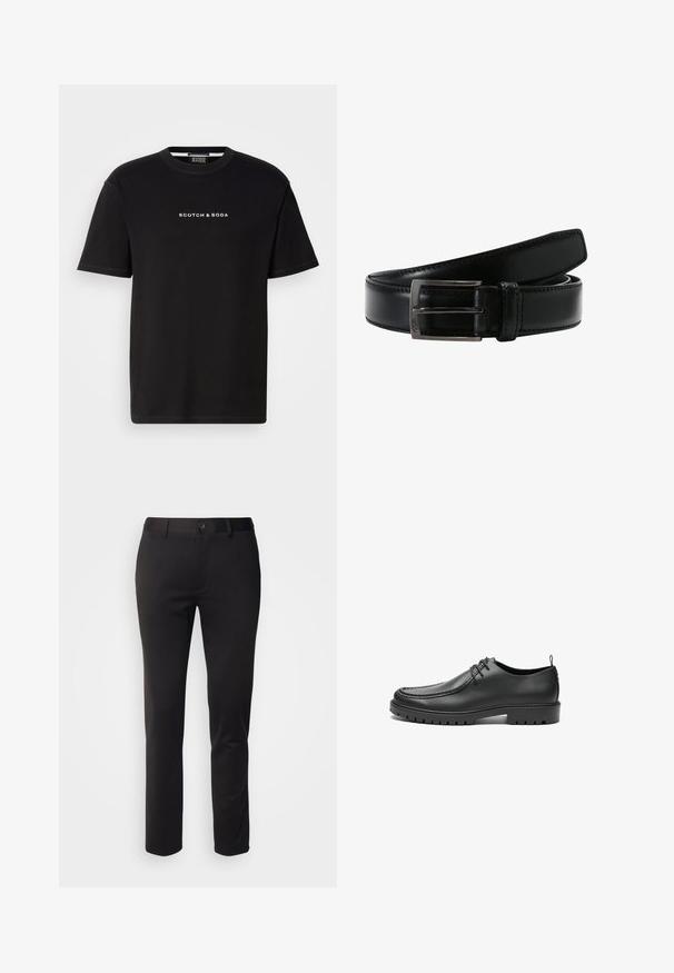 Camiseta de algodón negra con escote redondo, mangas cortas y texto bordado en blanco "SCOTCH & SODA" en el frente. Textura suave.; Pantalones negros de tela suave, con un diseño de pierna recta, cierre de botón en la parte delantera y cinturas, exhibidos sobre un fondo blanco.; Zapatos de cuero negro con un acabado suave, punta redondeada y costuras decorativas. Cuenta con una suela de goma con surcos para tracción y un diseño de cordones.; Cinturón de cuero negro con acabado brillante, hebilla de metal plateado y detalle de costura a lo largo de los bordes. Diseño clásico, adecuado para vestimenta formal.