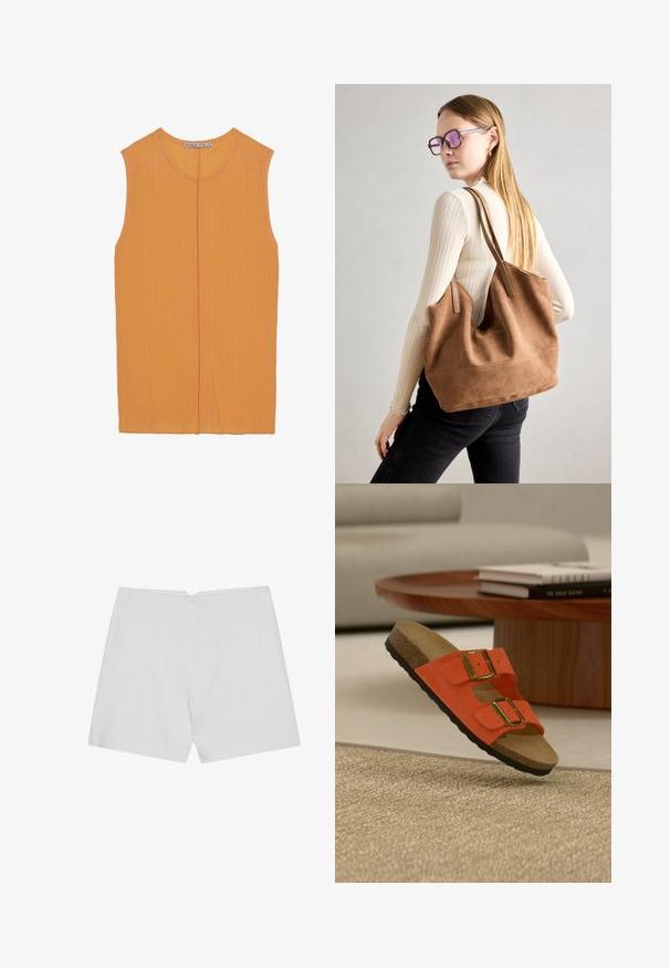 Top sans manches en orange vif avec texture côtelée verticale, encolure ronde et détails de couture centrale. Pas de fermetures ni d'accents supplémentaires.; Shorts blancs au design ajusté, à l'avant plat, avec deux poches latérales et un ourlet net. Fabriqués à partir d'un tissu lisse sans motifs visibles.; Sandale orange à deux brides avec boucles dorées et semelle en liège flottant au-dessus d'un tapis beige tissé, table ronde en bois et livres en arrière-plan.; Sac fourre-tout en daim marron avec une texture douce, grande ouverture et longues sangles. Présente un design simple avec des coutures visibles et sans matériel.