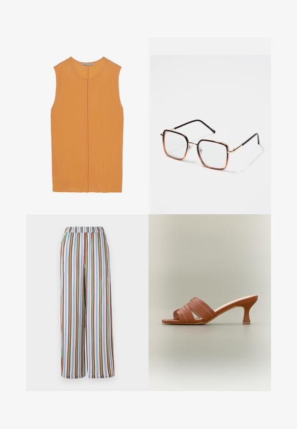 Top sans manches en orange vif avec texture côtelée verticale, encolure ronde et détails de couture centrale. Pas de fermetures ni d'accents supplémentaires.; Pantalons larges à rayures avec une taille élastique. Comprend des rayures verticales colorées en bleu, rouge, vert et blanc sur un tissu léger.; Mule à bout ouvert marron avec deux larges brides croisées et un talon fin de hauteur moyenne sur un fond neutre.; Lunettes carrées avec montures métalliques dorées et bords marron dégradés, avec des branches noires et des plaquettes nasales réglables.
