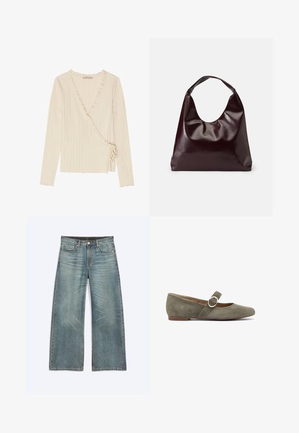 Crème lange mouw top met een wikkeldesign, geribbelde textuur, ruches bij de halslijn en zijsstrikdetail, met een cropped zoom.; Blauwe wijde denim jeans met voorzakken, riemlussen, knoopsluiting en subtiele vervaagde details op dijen en knieën.; Groene suède ballerina met een ronde neus, een dunne band met een zilveren ringdetail en een lage bruine hak.; Bordeaux, glanzende vegan leren totebag met een zachte, sculpturale vorm en een brede, gebogen handgreep voor makkelijk dragen.