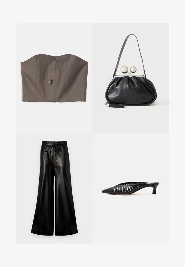 Brun cropped strapless top med struktureret design, frontknaplukning og glat tekstur med subtile sømdetaljer.; Sorte læder bukser med bred ben og snøre i taljen. Glat tekstur, høj talje, løs pasform, med sidelommer og knaplukning.; Sort læder mule med spids snude, stropdetalje og lav kittenhælk på hvid baggrund.; Sort læderhåndtaske med opsamlet design, en enkelt rem, sølv metalramme og to store runde sølv lukninger.