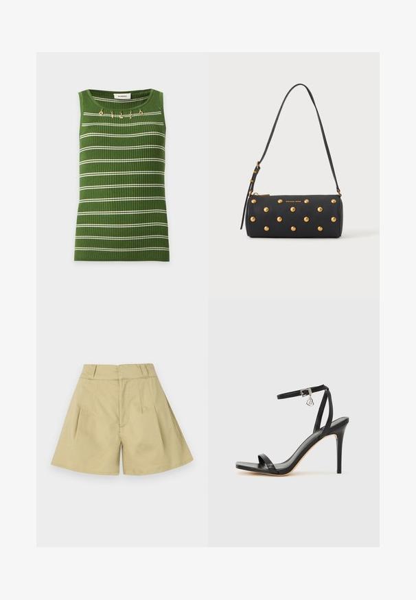 Top vert côtelé sans manches avec des rayures blanches horizontales et de petits charms dorés près de l'encolure ronde, étiqueté Sandro.; Short beige taille haute avec passants pour ceinture, plis à l’avant et jambes légèrement évasées.; Sandale à talon haut noire avec une bride étroite à la cheville, bout carré, cuir lisse et accent de boucle métallique.; Sac à main cylindrique noir avec des clous dorés et une bandoulière réglable, avec le logo "Michael Kors" en doré sur le devant.
