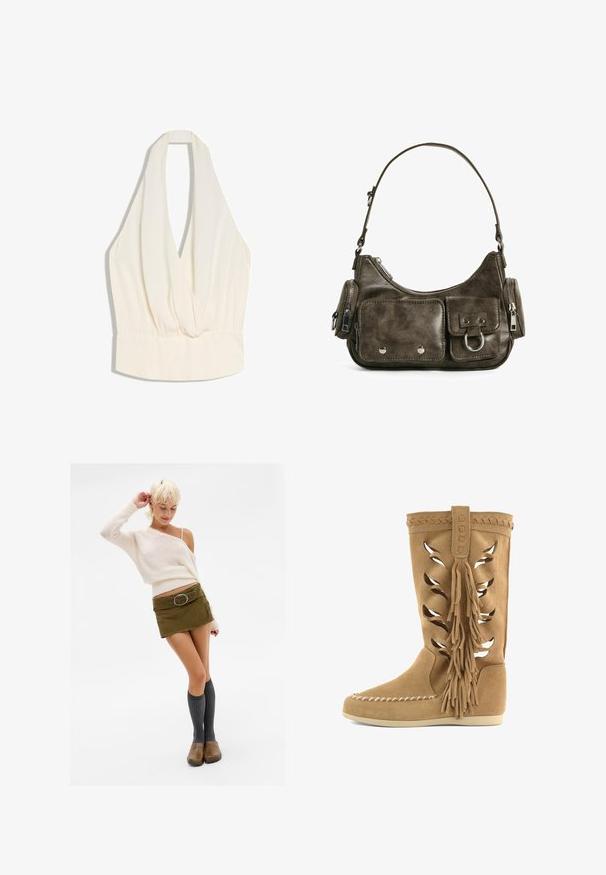 Fløjlsfarvet top med halterneck, uden ærmer, med dyb V-udskæring og detaljer med elastisk, rynket talje.; Kvinde med kort blond hår iført en cremefarvet off-shoulder sweater, grøn mini-nederdel med bælte, knæhøje grå sokker og brune klipklappere, der poserer.; Tanfarvede ruskindsstøvler til midten af læggen med laserudskårne bladmotiver, flettet kant, store sideskæg, mokkasinsøm på tåen og flad sål.; Mørkegrøn læderhåndtaske med en buet form, lynlåslommer og en frontlomme med klap. Udstyret med sølvhardware og tekstureret finish.