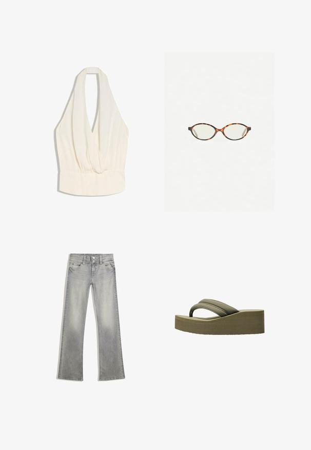 Cremefarbener ärmelloser Top mit Neckholder, tiefem V-Ausschnitt und gerafftem, elastischem Taillendetail.; Graue Jeans mit Schlag im verwaschenen Look, mit einem Knopfverschluss, fünf Taschen und genähten Details entlang des Taillenbundes und Saums.; Olivgrüne Plattformflip-Flops mit einem breiten Riemen und strukturierten Sohle, ausgestattet mit einer glatten Oberfläche und einem geschwungenen Design für zusätzlichen Komfort.; Schildpatt-Eyegläser mit ovalen Gläsern und einer eleganten, glatten Oberfläche. Mit dünnen Seiten und einer subtilen Kurve an den Schläfen. Klare Gläser.