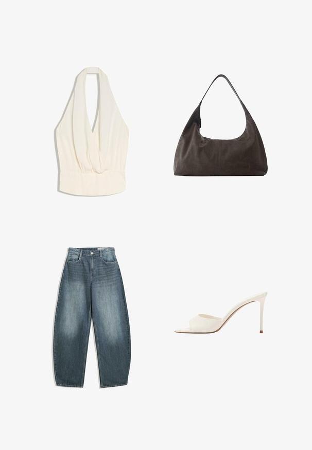 Top fără mâneci, în culoarea crem, cu decolteu în formă de V adânc și detaliu cu talie elastică strânsă.; Jeans din denim albastru deschis, cu picioare largi, caracterizate printr-un talie înaltă, cinci buzunare, decolorare subtilă și detalii de cusătură de-a lungul cusăturilor.; Mule alb cu vârf deschis, toc înalt, cu o singură bandă largă și toc stiletto subțire pe un fundal alb simplu.; Geantă hobo din piele moale maro închis, cu o singură curea lată și un detaliu subtil cu cusătură centrală, pe fundal alb.