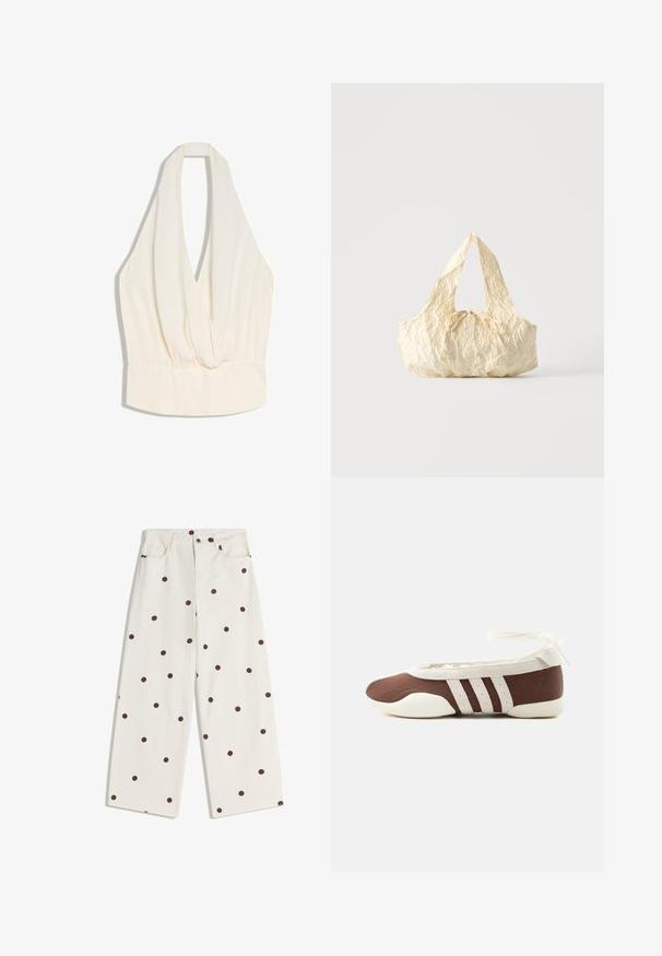 Haut sans manches couleur crème à col licou avec un décolleté en V profond et un détail de taille élastiquée froncée.; Pantalon blanc à jambes larges avec des pois marron, poches avant, passants de ceinture et une fermeture à double bouton à la taille.; Chaussure plate de ballet marron et blanche avec trois bandes blanches et un nœud à nouer à la cheville sur un fond clair uni.; Sac à main en tissu texturé couleur crème avec des anses sur le dessus et un petit nœud noué au centre devant.