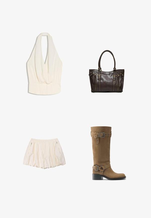 Haut sans manches couleur crème à col licou avec un décolleté en V profond et un détail de taille élastiquée froncée.; Shorts légers couleur crème avec taille élastique et poches zippées des deux côtés, présentés sur fond blanc.; Botte haute en daim marron avec deux boucles et lanières argentées réglables, bout rond et talon bloc noir bas.; Sac à main en cuir marron foncé avec deux poignées, poches zippées verticales et clous dorés décoratifs sur un fond uni.