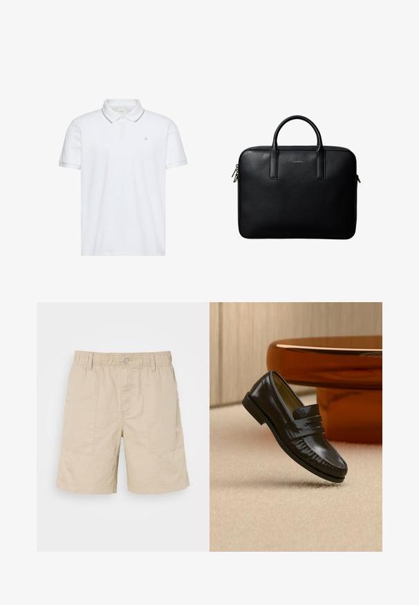 Polo blanc à manches courtes avec une patte de boutonnage à deux boutons, bordure grise au col et aux poignets, et petit logo "ck" brodé sur la poitrine.; Shorts en coton beige avec taille élastique, bouton avant et deux poches latérales. Présente des coutures discrètes et un petit logo sur le côté.; Mocassin en cuir noir brillant avec un détail de bride, posé sur un tapis beige près d'une table basse ronde en bois brun dans une pièce doucement éclairée.; Mallette en cuir noir texturé avec double poignées et tirettes de fermeture éclair argentées, centrée sur fond blanc.