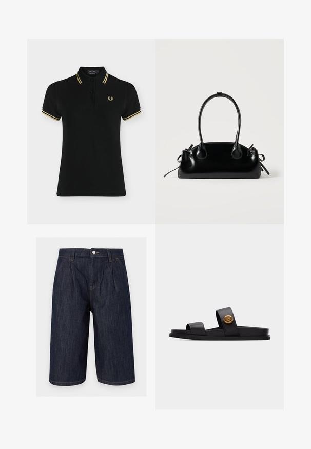Black short-sleeve polo shirt with two gold stripes on collar and sleeves, a two-button placket, and a small gold laurel wreath logo on chest.; Dark blue denim long shorts with front pleats, side pockets, belt loops, and a metal button closure at the waist.; Black slide sandal with two wide straps, one featuring a round gold emblem, flat sole, isolated on light gray background.; Small black glossy handbag with two long handles and side drawstring details on a plain light background.