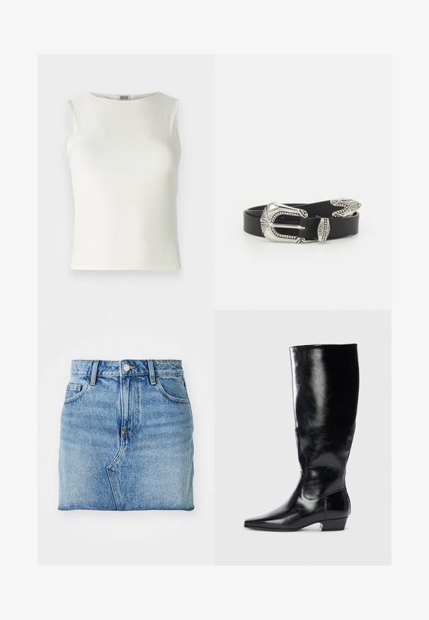Valge ilma varrukateta tipp, mis on valmistatud siledast kangast, ümarate kaelustega ja puhaste servadega, keha lähedane siluett. Brändi silt on nähtav.; Denim mini seelikul on hele sinine värv, sirge lõige, viie tasku disain ja nööbiga sulgemine koos peene fade tekstuuriga.; Mustad musta nahast põlvekõrgune saapad läikiva viimistlusega, terava nina ja madala plokknähtusega. Omab siledat tekstuuri ja minimalistlikku disaini.; Must värviline nahkvöö, millel on suur hõbedane metallist pandla, mis on rikkaliku detailiga ja dekoratiivsete aktsentidega mõlemal pool.