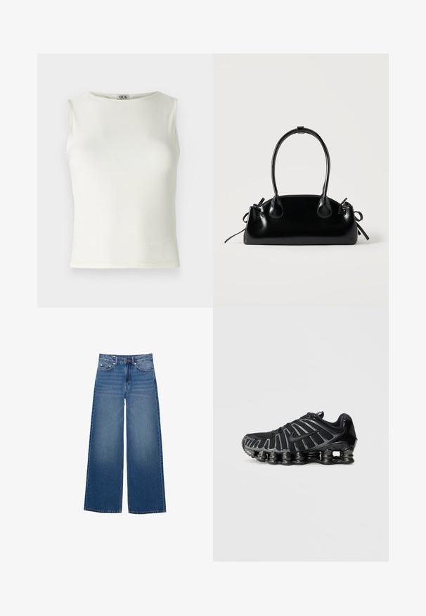 Haut sans manches blanc en tissu lisse, avec un col arrondi et des bords nets, présentant une silhouette ajustée. Étiquette de marque visible.; Jean en denim à jambes larges, de couleur bleu moyen, avec une taille haute, un design à cinq poches et des détails cousus le long des coutures.; Chaussure de sport noire avec une tige en mesh texturé et une semelle épaisse distinctive comportant des sections arrondies. Lacets et talon renforcé pour un meilleur maintien.; Petit sac à main noir brillant avec deux longues anses et des détails à cordon sur les côtés sur un fond clair uni.