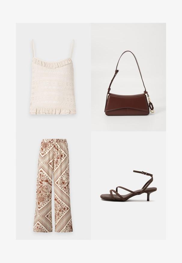 Camisole en dentelle de couleur beige clair avec des bretelles fines ajustables, un ourlet froncé et une texture à motifs complexes sur l'ensemble du tissu.; Pantalons à jambes larges en tissu crème avec un motif floral brun et des designs géométriques, taille élastiquée et texture lisse.; Sandale marron à talons hauts avec fines lanières croisées et bride de cheville avec boucle argentée sur fond blanc.; Sac à main en cuir marron avec une silhouette incurvée, une seule sangle et des garnitures en or. Il présente un accent tressé et une texture lisse et mate.