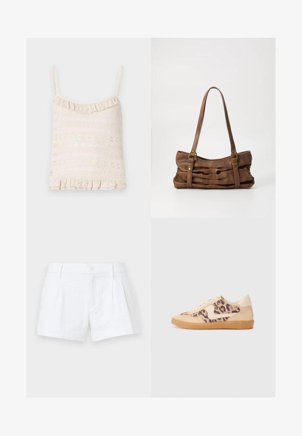 Camiseta de encaje en beige claro con tirantes finos ajustables, dobladillo con volantes y una textura de patrón intrincado en toda la tela.; Bermudas de lino blancas con pliegues, cierre de botón y bolsillos laterales. Presentan un corte ajustado y una textura suave.; Zapatillas de leopardo con parte superior de ante beige, suela de goma marrón y acentos blancos. Punta redonda y diseño con cordones con un acabado texturado.; Even&Odd Bolso de mano - brown