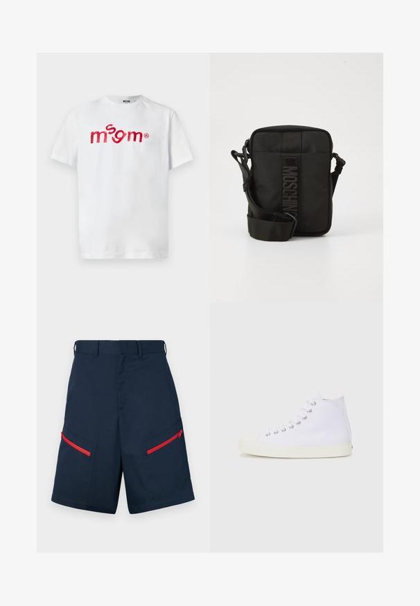 T-shirt blanc à manches courtes avec logo "msgm" brodé en rouge centré sur la poitrine, col rond et étiquette de la marque MSGM à l'intérieur du col.; Shorts cargo navy fabriqués avec deux poches zippées avec des accents rouges, devant plat et détails cousus.; Baskets montantes blanches en toile avec bout rond, œillets en métal et semelle en caoutchouc crème. Texture lisse avec des détails de design minimalistes.; Sac bandoulière noir compact avec une sangle réglable et un logo MOSCHINO vertical au centre du panneau avant, sur fond blanc.