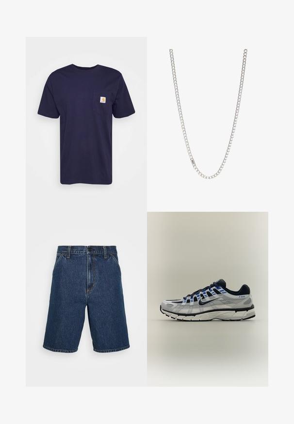Navyblaue Baumwoll-T-Shirt mit kurzen Ärmeln, Rundhalsausschnitt und einer linken Brusttasche, die ein gelbes und weißes Carhartt-Logo aufgestickt hat.; Dunkelblaue Denim-Shorts mit geradem Schnitt. Mit gelben Nähten und einem klassischen Fünf-Taschen-Design. Regelmäßiger Taillenbund und gesäumte Kanten.; Hellgrauer und schwarzer Nike-Laufschuh mit blauen Akzenten, weißer Sohle und "P-6000" Text an der Fersenseite.; Silberne Kettenhalskette mit ineinandergreifenden Gliedern, glatter Textur und einheitlicher rechteckiger Form. Sicherer Verschluss.