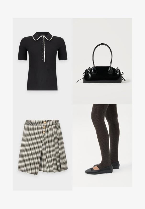 Polo noir à manches courtes côtelé avec bordure blanche le long du col et de la patte de boutonnage, comportant sept boutons noirs à l'avant.; Jupe à carreaux noire et blanche avec trois boutons dorés, présentant un design plissé et une fente à l'avant. Texture de tissu doux.; Jambes portant des leggings côtelés foncés associés à des ballerines noires avec de petits détails en nœud sur fond blanc.; Petit sac à main noir brillant avec deux longues anses et des détails à cordon sur les côtés sur un fond clair uni.