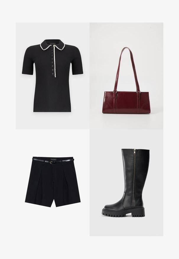 Sort ribstrikket kortærmet poloshirt med hvid kant langs kraven og knapstolpen, med syv sorte knapper foran.; Sorte skræddersyede shorts med folder, udstyret med et slankt sort bælte med en gylden spænde. Fremstillet af et glat stof, der giver et poleret udseende.; Sorte læderknæhøje støvler med lynlås i siden, tekstureret overflade, rund tå og kraftig gummisål med segmenteret mønster.; Bordeaux håndtaske lavet af glansfuldt materiale, rektangulær form, med to skulderremme og subtile buede detaljer på forsiden.