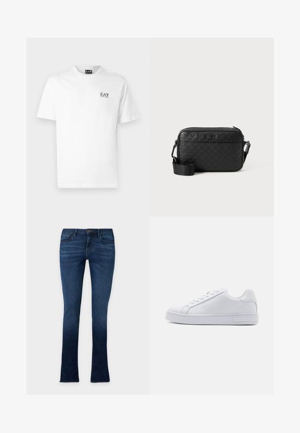 Witte katoenen t-shirt met een ronde halslijn, korte mouwen en een zwart EA7-logo op de linkerborst. Gladde, effen textuur.; Donkerblauwe slim-fit jeans met lichte vervaging, vijf zakken, knoopsluiting en riemlussen, weergegeven op een effen lichte achtergrond.; Witte leren sneaker met een soepele textuur, ronde neus, vetersluiting aan de voorkant en platte rubberen zool. Voorzien van reliëfbranding op de hak.; Zwarte gestructureerde schoudertas met een gegraveerd geometrisch patroon en een verstelbare strap met het merkenlogo.