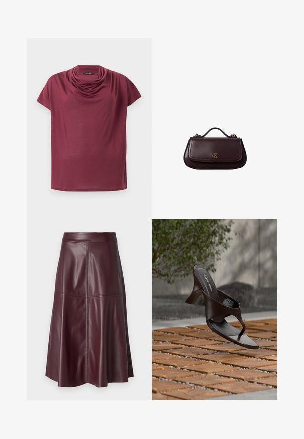 Kortærmet maroon skjorte med en draperet halshals, vist fladt på en hvid baggrund.; Mørk burgunder knælængde lædernederdel i A-form med synlige lodrette og vandrette syninger.; Brun Calvin Klein hælet thong sandal svævende over træflise og grus udendørs med sløret grønt og stenmur i baggrunden.; Lille mørkebrun læderhåndtaske med tophåndtag, guldspænde og guld "cK"-logo på frontklappen.