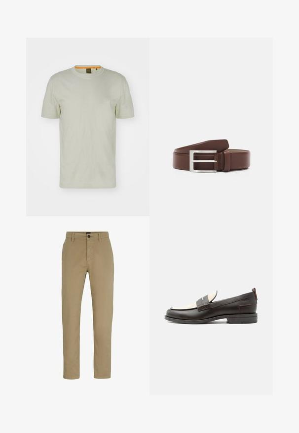 Camiseta de manga corta verde claro hecha de un tejido suave, con cuello redondo y un logo sutil en el frente. Diseño simple con un mínimo de detalles.; Chinos de algodón beige con un ajuste slim, frente plano y cierre de botón. Presenta trabillas para cinturón y bolsillos laterales para mayor funcionalidad.; Mocasín para hombre de cuero marrón oscuro con panel de tela crema y detalle clásico de correa cosida, suela plana y asa en el talón.; Cinturón de cuero marrón con hebilla rectangular de metal plateado, con una textura suave y un diseño clásico.