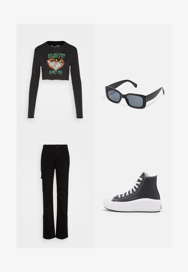 Noisy May NMSAGA O NECK DOJA CAT - Langarmshirt - black; Nicki Studios STRAIGHT POCKET PANTS - Cargohose - black; Schwarzer High-Top Sneaker mit weißen Schnürsenkeln und Gummisohle. Verfügt über eine glatte Ledertextur und weiße Nähte als Akzente.; Schwarze rechteckige Sonnenbrille mit dunkel getönten Gläsern, dickem Kunstrahmen und breiten Bügeln. Glatte Oberfläche und kantiges Design.