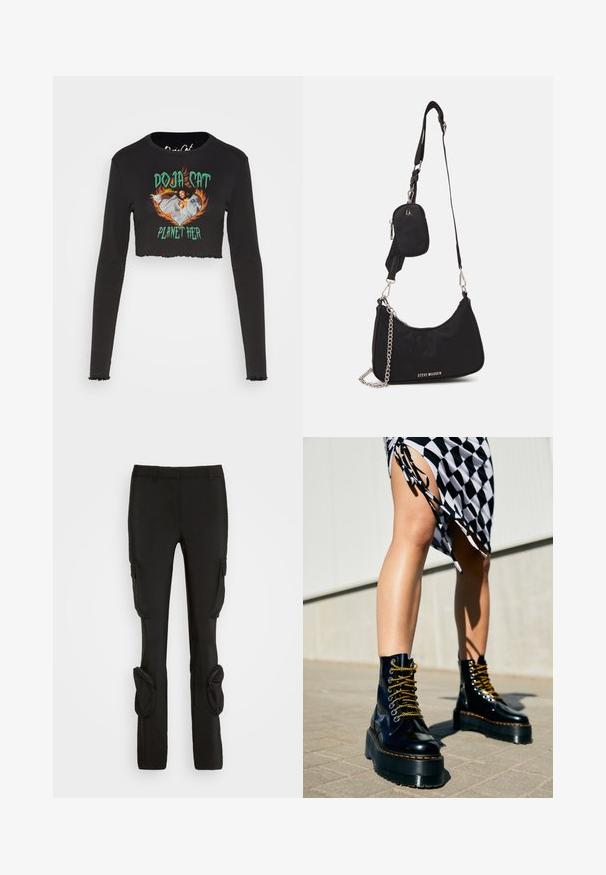 Noisy May NMSAGA O NECK DOJA CAT - Top s dlhým rukávom - black; Weekday ILA CARGO TROUSER - Kapsáče - black; Čierne kožené platformové čižmy s masívnymi podrážkami, zlatými šnúrkami a oranžovým prešívaním, skombinované s kockovanou sukňou s bočným rozparkom.; Čierna nylonová taška cez rameno so zakriveným tvarom, strieborným reťazovým akcentom, odnímateľnou mini taškou a nastaviteľným popruhom; má logo "Steve Madden".